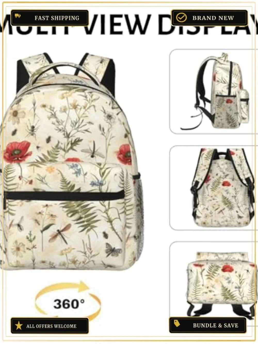 Vintage Floral Chicken Backpack for Women Girls Laptop Travel Camping Hiking